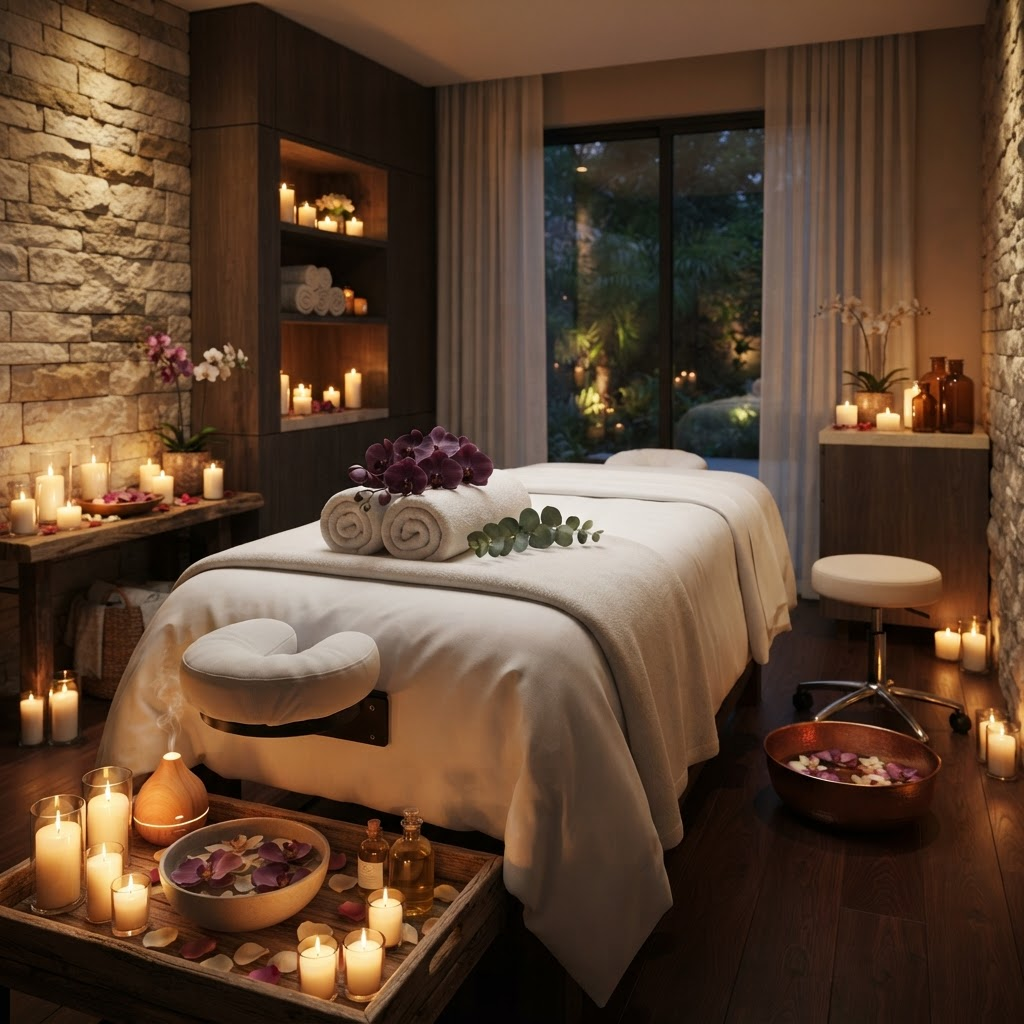 Luxury spa room with warm candlelight and orchids