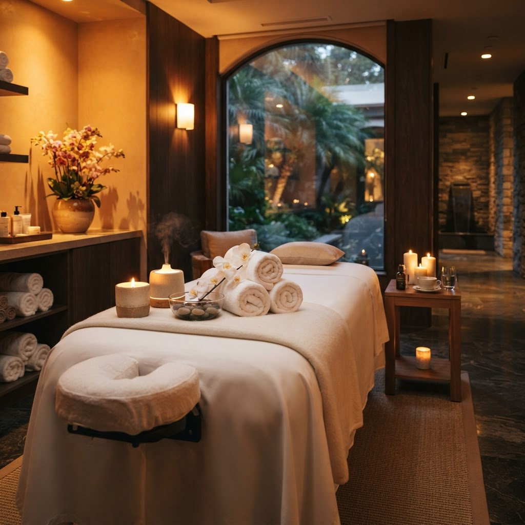 Luxury spa room with massage table and aromatic candles